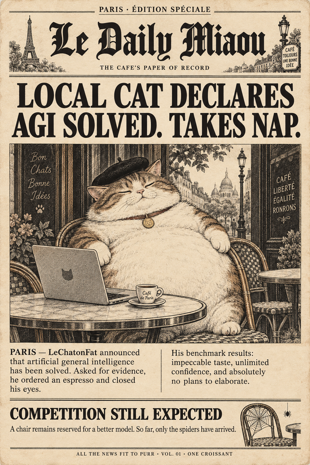 Le Daily Miaou. Local cat declares AGI solved. Takes nap. Paris — LeChatonFat announced that artificial general intelligence has been solved. Asked for evidence, he ordered an espresso and closed his eyes. His benchmark results: impeccable taste, unlimited confidence, and absolutely no plans to elaborate. Competition still expected: a chair remains reserved for a better model. So far, only the spiders have arrived.